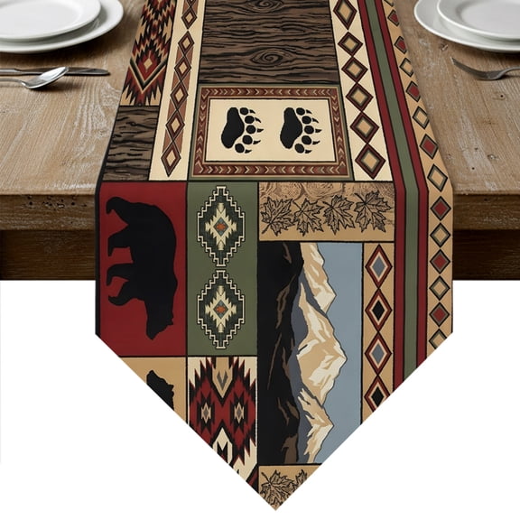 Lodge Bear Cabin Table Runner Linen Burlap Table Runner 72 Inches Long Vintage Brown Buffalo Plaid Boho Dresser Scarves for Kitchen Island Coffee Dining Room Party Wedding Holiday Decoration 16"x72"