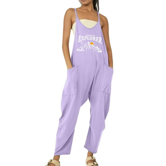 Cathalem Womens Jumpsuits Stretchy Long Pants Romper wiith Pockets,Purple L