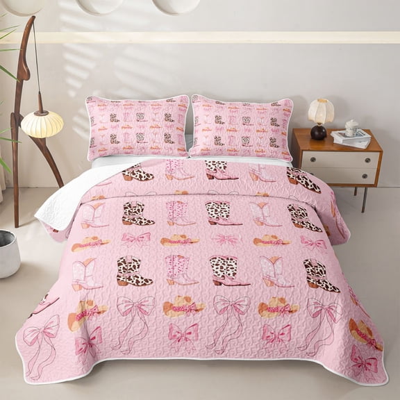 jejeloiu Chic Cow Cowboy Boot Twin Quilt Set Kids,Pink Cute Bow Twin Coverlet Set For Girls,2pcs