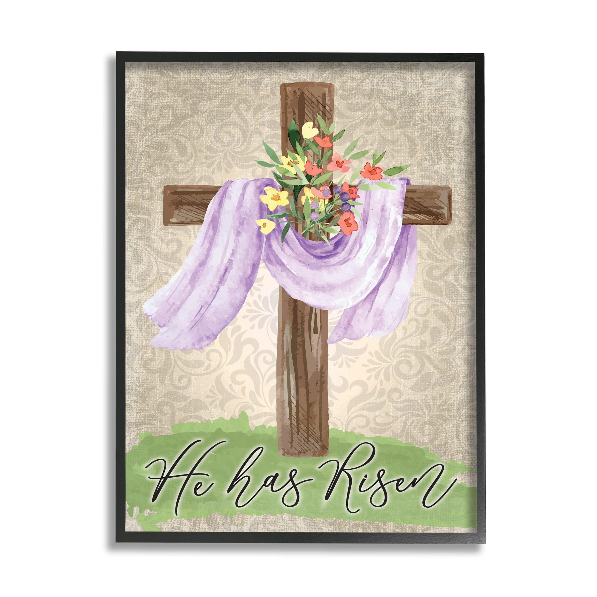 Stupell Industries He Has Risen Spring Floral Cross Brown Damask Pattern Graphic Art Gray Framed Art Print Wall Art, 16x20, by ND Art