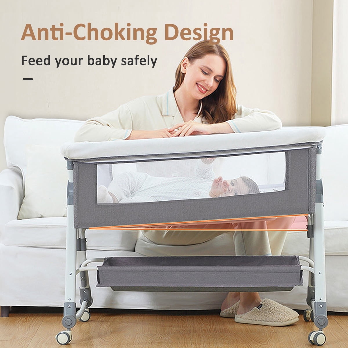 JieC 5-in-1 Baby Bassinet with Wheel,Adjustable Height Infant Bedside Crib with Diaper Table & Mosquito Net, Gray