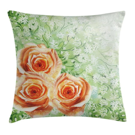 Watercolor Flower House Decor Throw Pillow Cushion Cover, Hand Drawn Old Persian Roses on Grass Perennial Botanic Art, Decorative Square Accent Pillow Case, 18 X 18 Inches, Orange Green, by