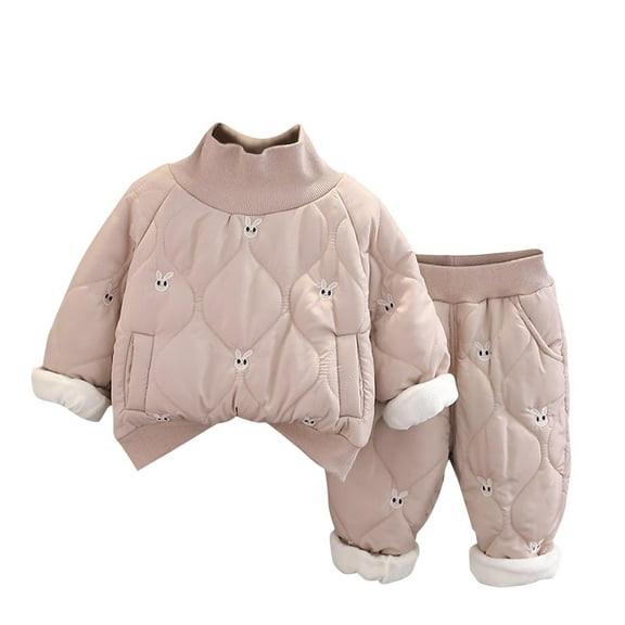 CHEEREAM 2 Piece Winter Warm Outfits for Toddler Kids Newborn Baby Girls Fleece Linen Quilted Pullover Tops and Pants with Pockets for 3 Months-6 Years