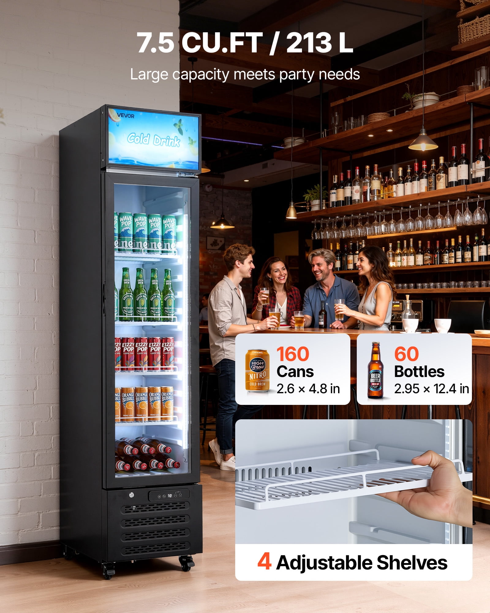 VEVOR Commercial Merchandiser Refrigerator, 7.5 Cu.Ft / 213 L Glass Door Display Refrigerator, Upright Beverage Cooler with Customizable Lightbox,4 Adjustable Shelves & Soft LED Light for Homes Shops