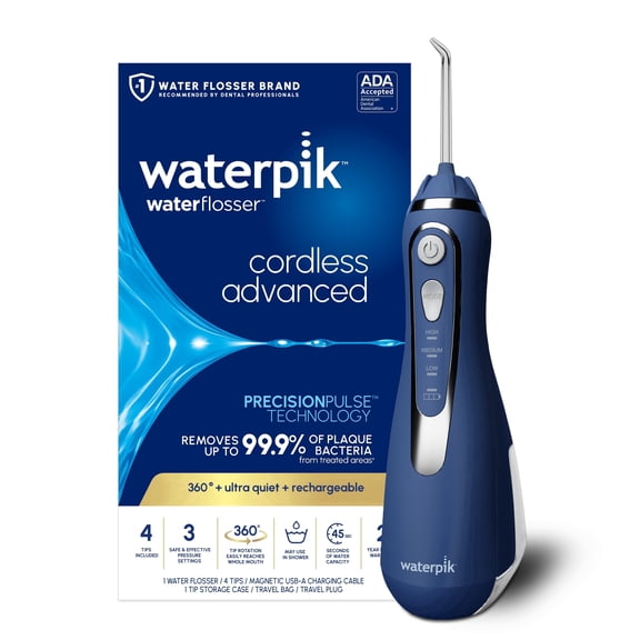 Waterpik Cordless Advanced 2.0 Water Flosser with 3 Settings, 4 Tips & Travel Bag, ADA Accepted, Blue