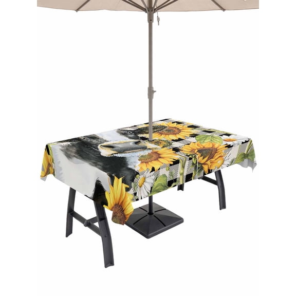 Retro Sunflowers Outdoor Tablecloth - 52x70 Inch Rectangle Dining Table Cover, Farmhouse Floral Cow Butterfly Black Plaid Waterproof Outdoor Table Cloth with Umbrella Hole & Zipper for Picnic/Patio