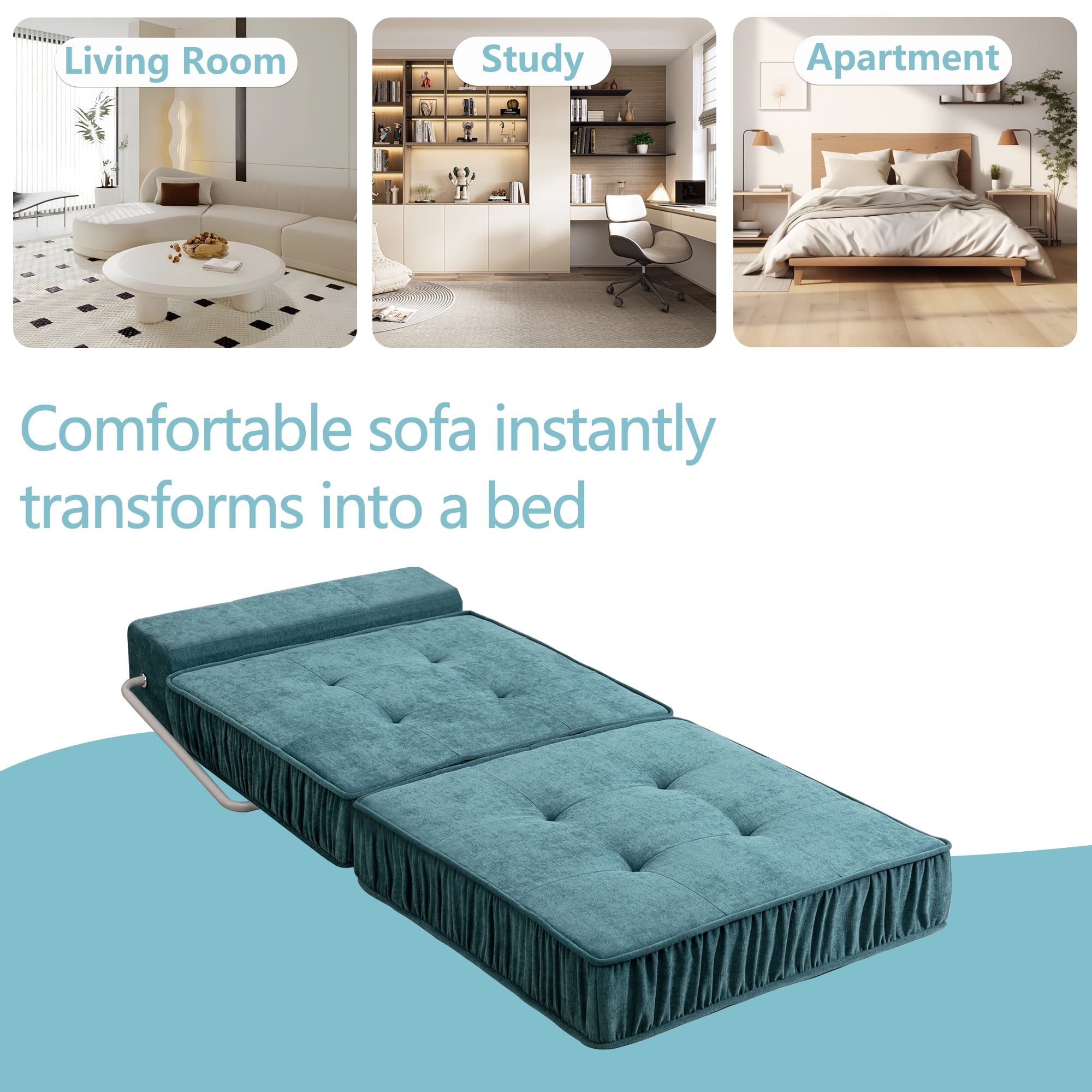 Folding Sofa Bed, Green Convertible Sleeper Chair with Removable Back Cushion and Non-Slip Bottom, Chenille Futon Floor Couch for Living Room, Guest Room, Home Office