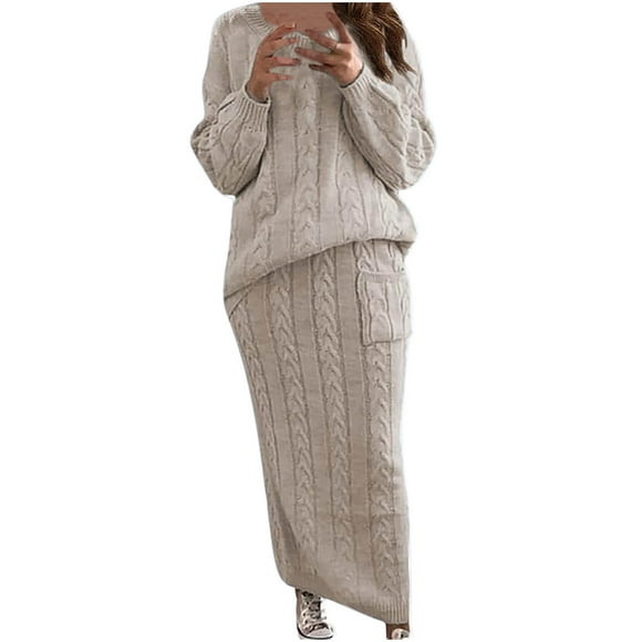 Cable Knit Sweater Dress for Women Solid Slim Fitting Sweater Dress Set 2 Piece Crewneck Tops Pencil Midi Skirt Set
