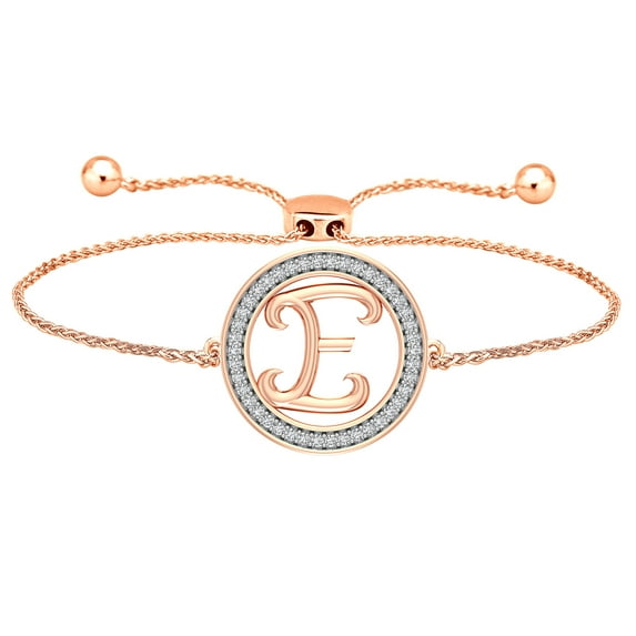 CARATS FOR YOU Round Cut Natural Diamond Initial "E" Alphabet Letter Name Adjustable Bolo Bracelet Personalized Gifts for Women In 14K Rose Gold Over Sterling Silver (0.20 Cttw)