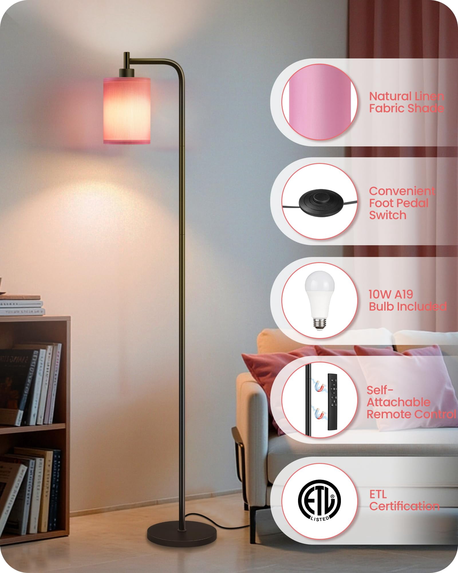 2pack Dimmable Floor Lamp For Living Room With Remote And Foot  Modern Standing Corner 10w Bulb 3 Color Temperatures Bedroom Office Etl Listed Pink P19ldp205