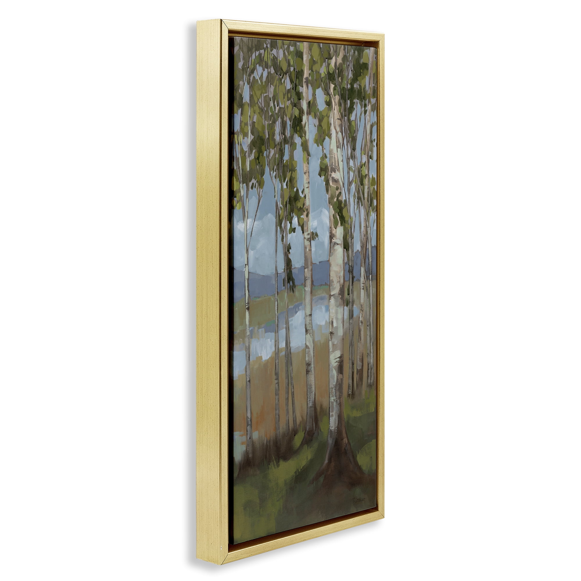 Stupell Industries Rustic Birch Copse Landscape Painting Gold Floater Framed Art Print Wall Art, 15 x 31