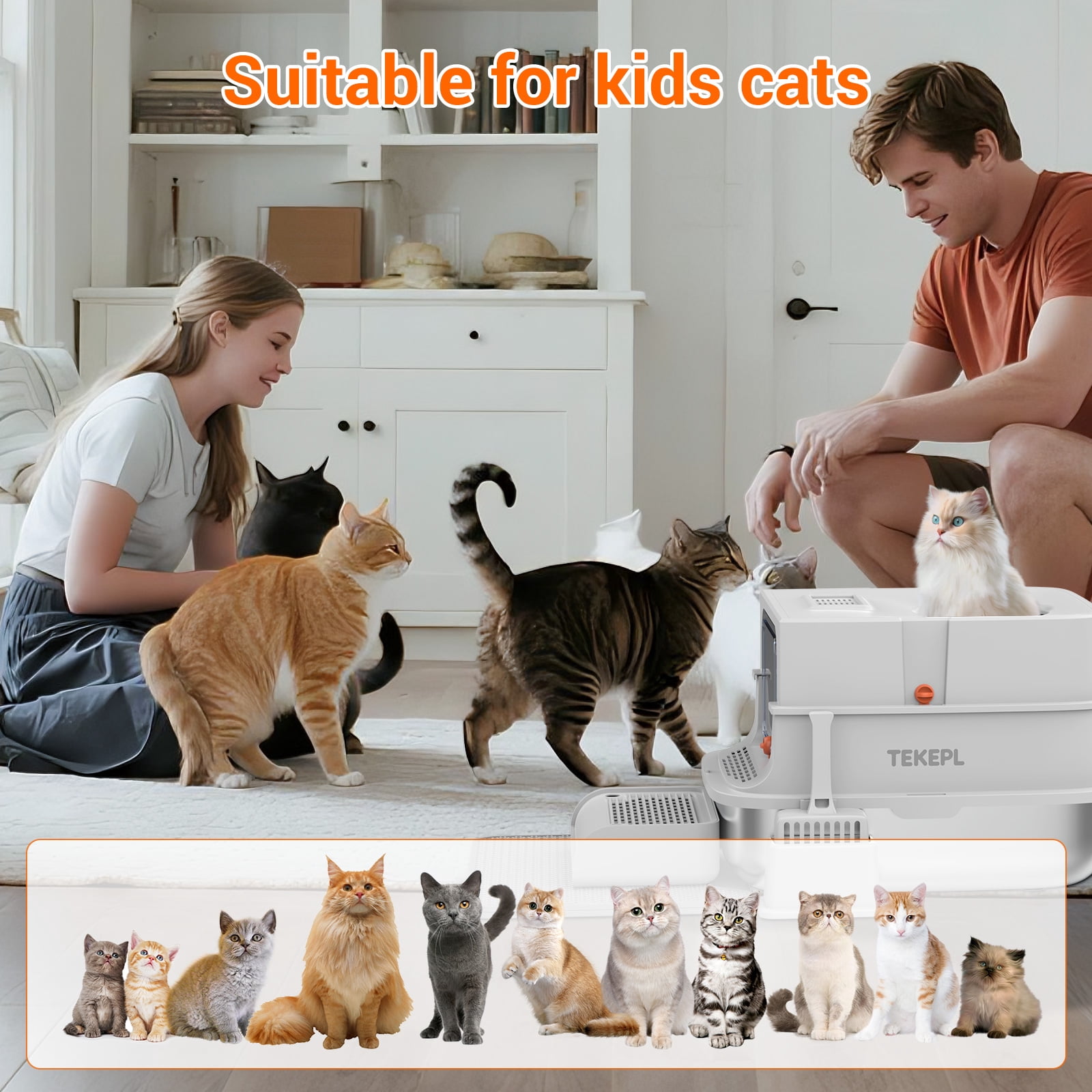 Lohoms Stainless Steel Litter Box with Lid, XL Extra Large Enclosed Cat Litter Box for Big Cats 110° Flip Cover, Front & Top Dual Entry, High Sided Litter Box & Pedal & Scoop, Anti-Leakage