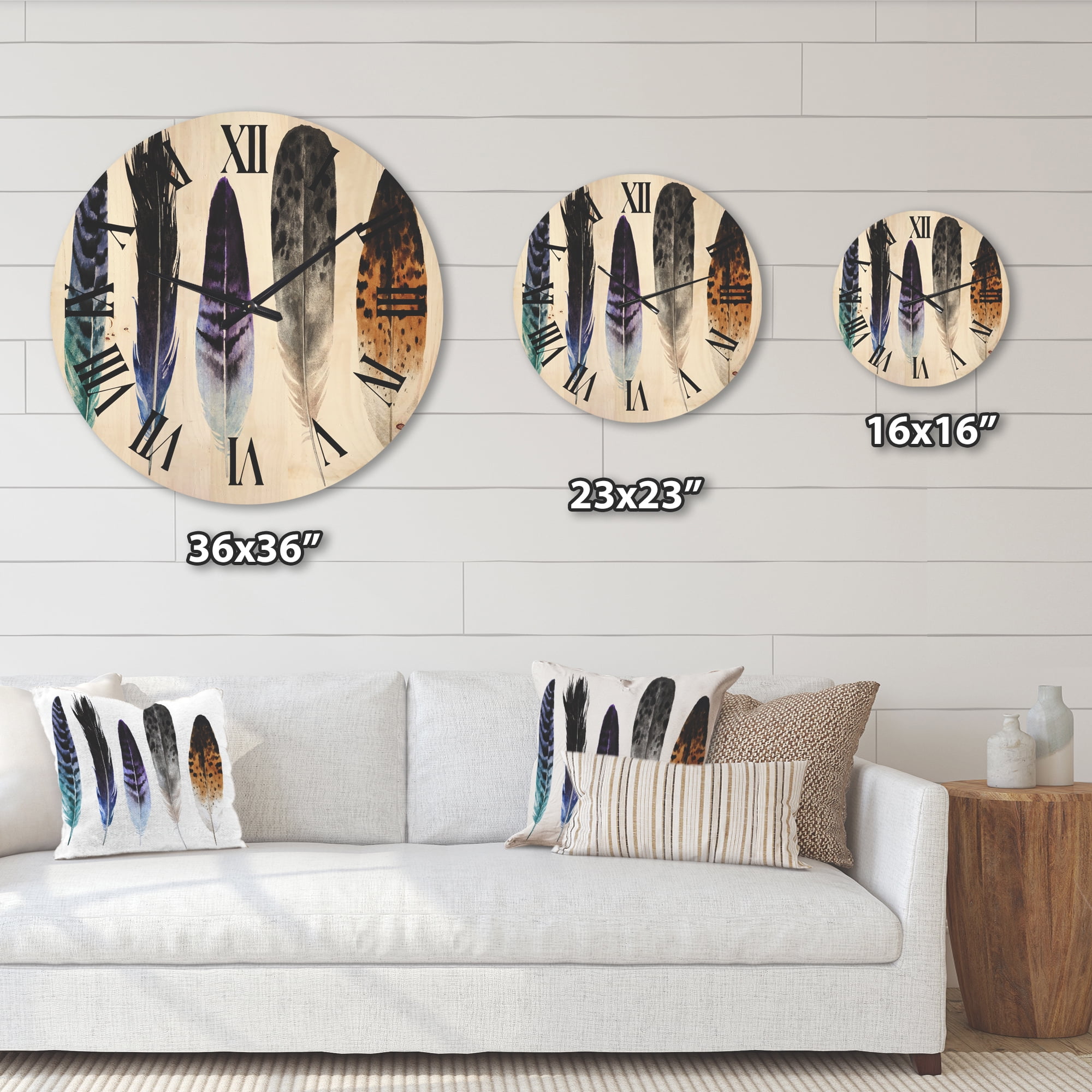 Designart 'Colourful Boho Art Feathers II' Bohemian & Eclectic Wood Wall Clock