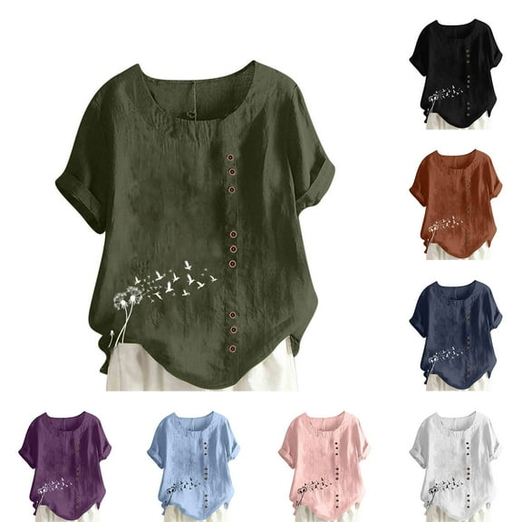 GERsome Womens Short Sleeve Crewneck T Shirts Plus Size Floral Tops Summer Loose Fit Button Up Tee Shirts, Sizes S-5XL
