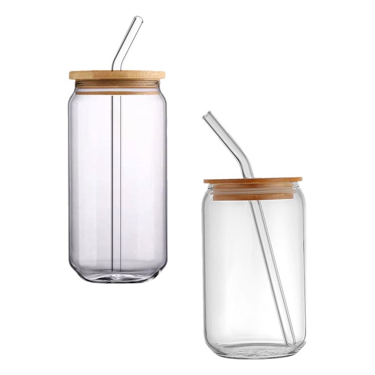 NUOLUX 4Pcs Glass Cups Wide Mouth Drinking Glasses with Bamboo Lids Square  Handle Cup and Straws