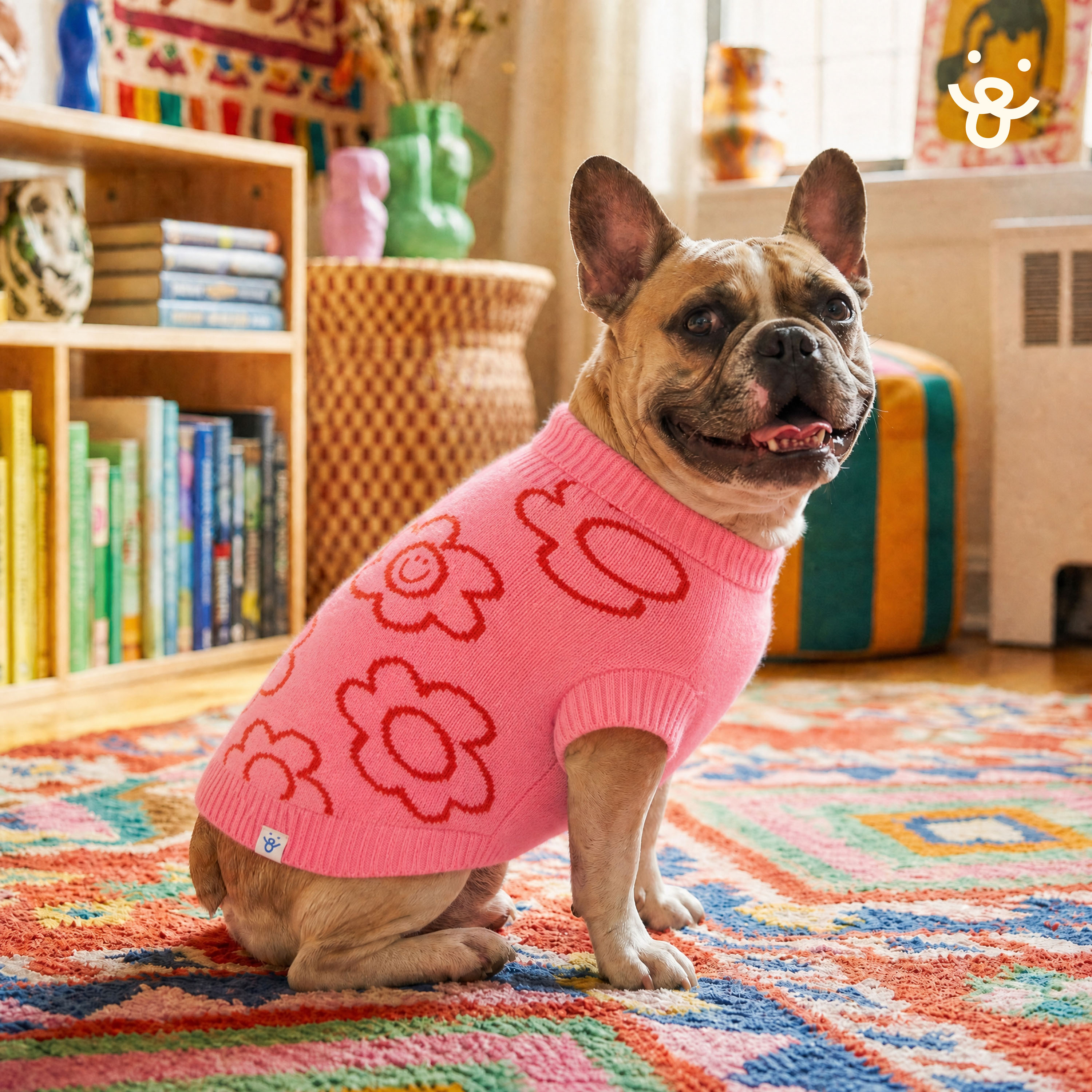 Oodles Smiling Daisies Fall Turtleneck Dog Sweater, Pink photo 6