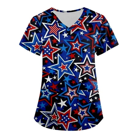 

Sksloeg Scrub Tops Of 2023 American Flag Star Print Patriotic Top Comfortable Easy Workwear V-Neck Short Sleeve Scrub Top with Pockets Blue L
