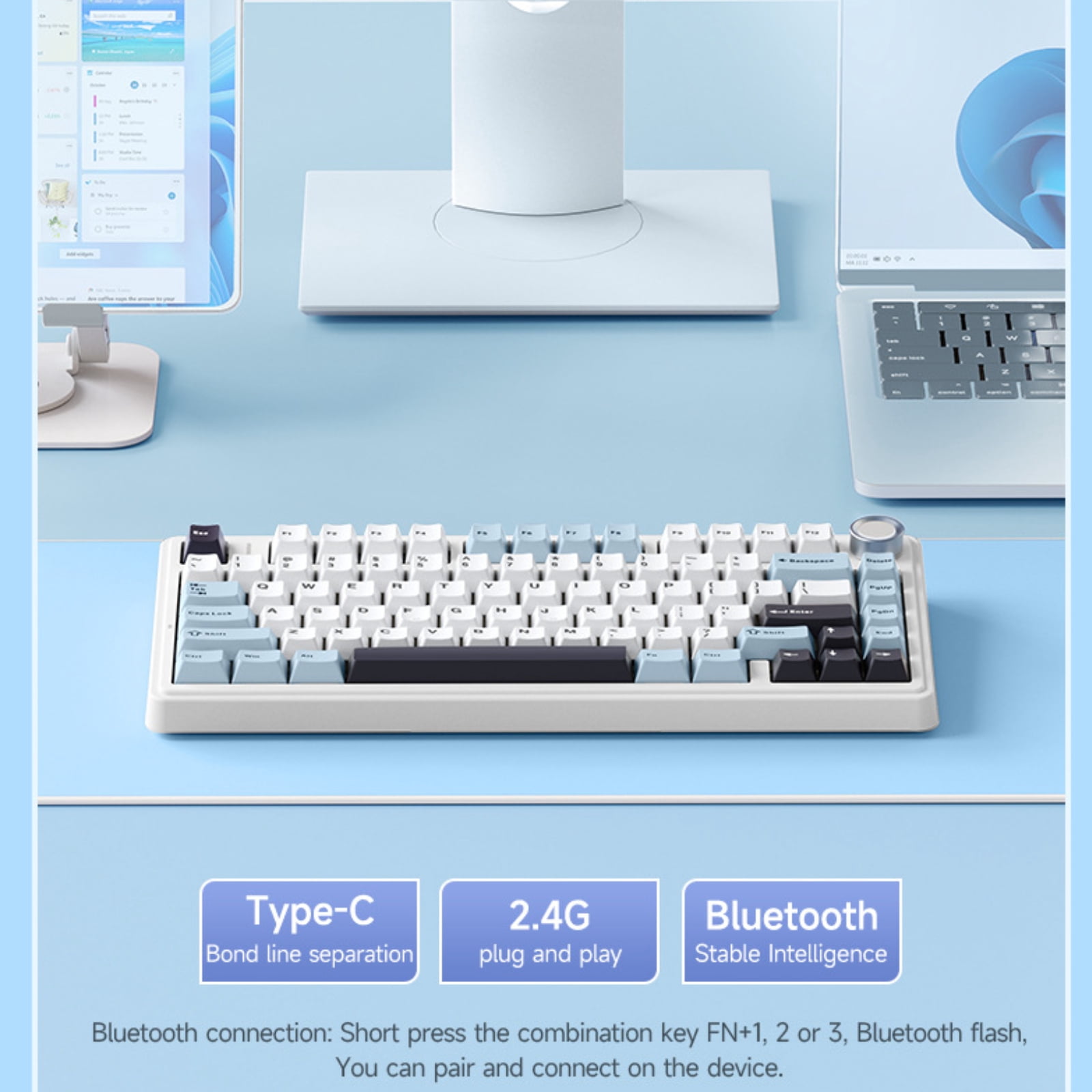 AULA F75 Wireless Mechanical Keyboard, Glacier Blue, Tri-Mode, 81 Keys, Hot-Swappable Reaper Switches, RGB Backlit, Compact Layout, For PC/Laptop