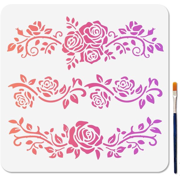Rose Lace Border Stencil Floral Vine Art Stencils 11.8×11.8inch Reusable Plants Craft Stencils with Paint Brush Flower Border Template for Craft on Window Wood Wall Home Decor