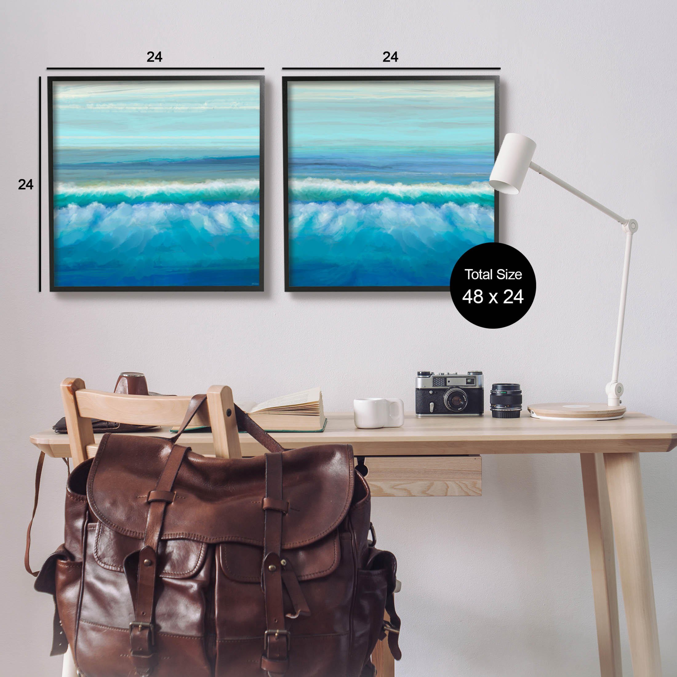 Calming Sea Waves Ocean Foam Coastal Painting Black Framed Art Print Wall Art, Set of 2