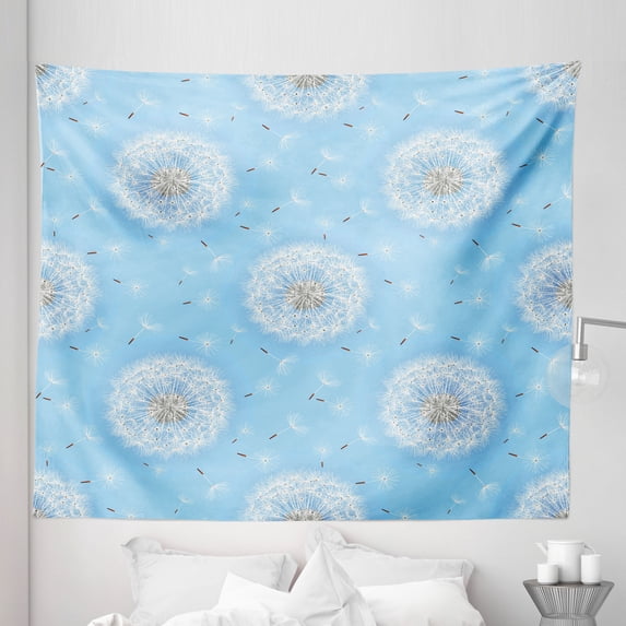 Floral Tapestry, Dandelion Petals Flying Fluffy Soft Flora in Pastel Tones Spring Romantic Design, Fabric Wall Hanging Decor for Bedroom Living Room Dorm, 5 Sizes, Sky Blue White, by Ambesonne