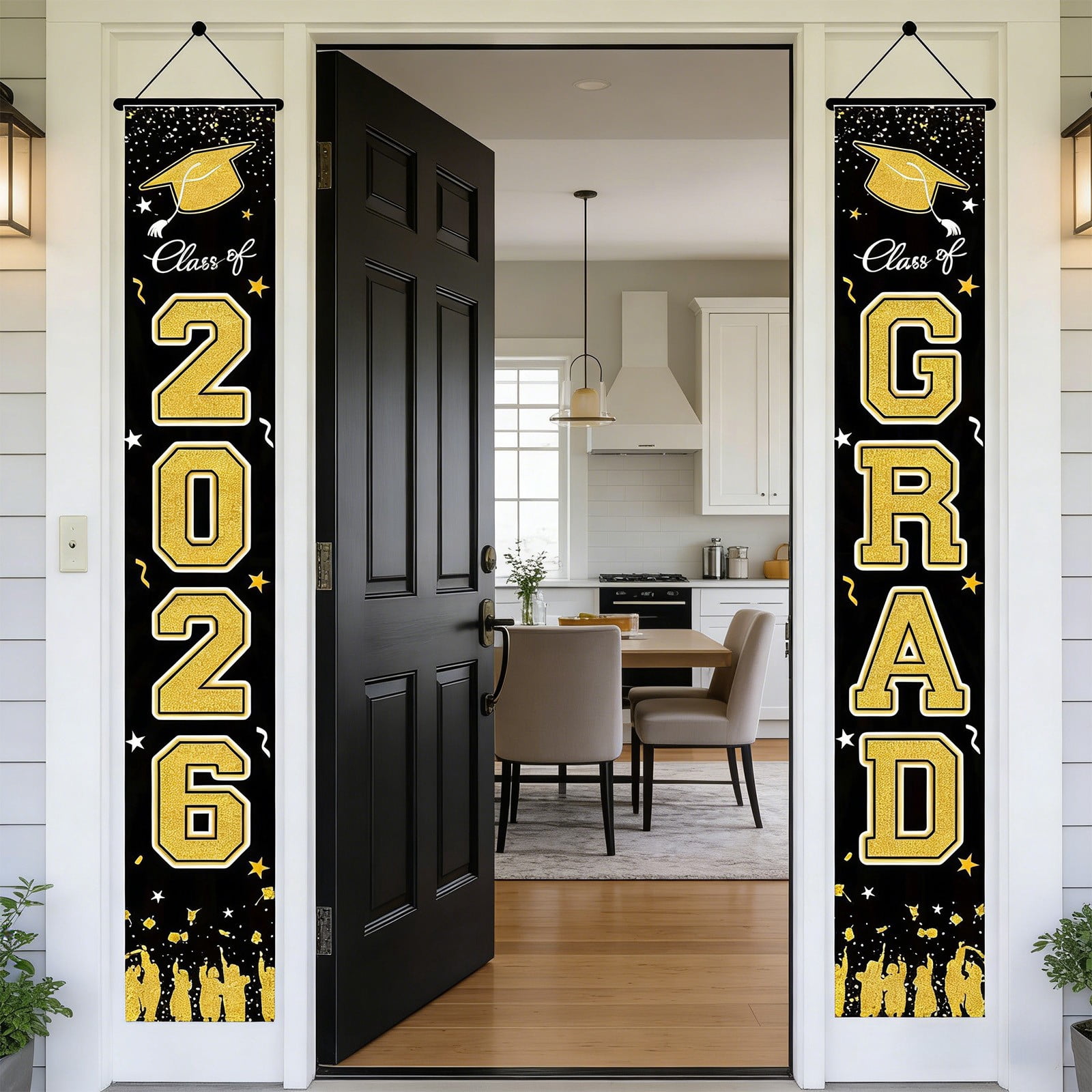 Seyotauo Class of 2026 Graduation Door Banner, Black Gold Themed Porch Sign, Featuring Cap and Diploma Pattern, Elegant Outdoor Hanging Decor for Graduation Party Celebration