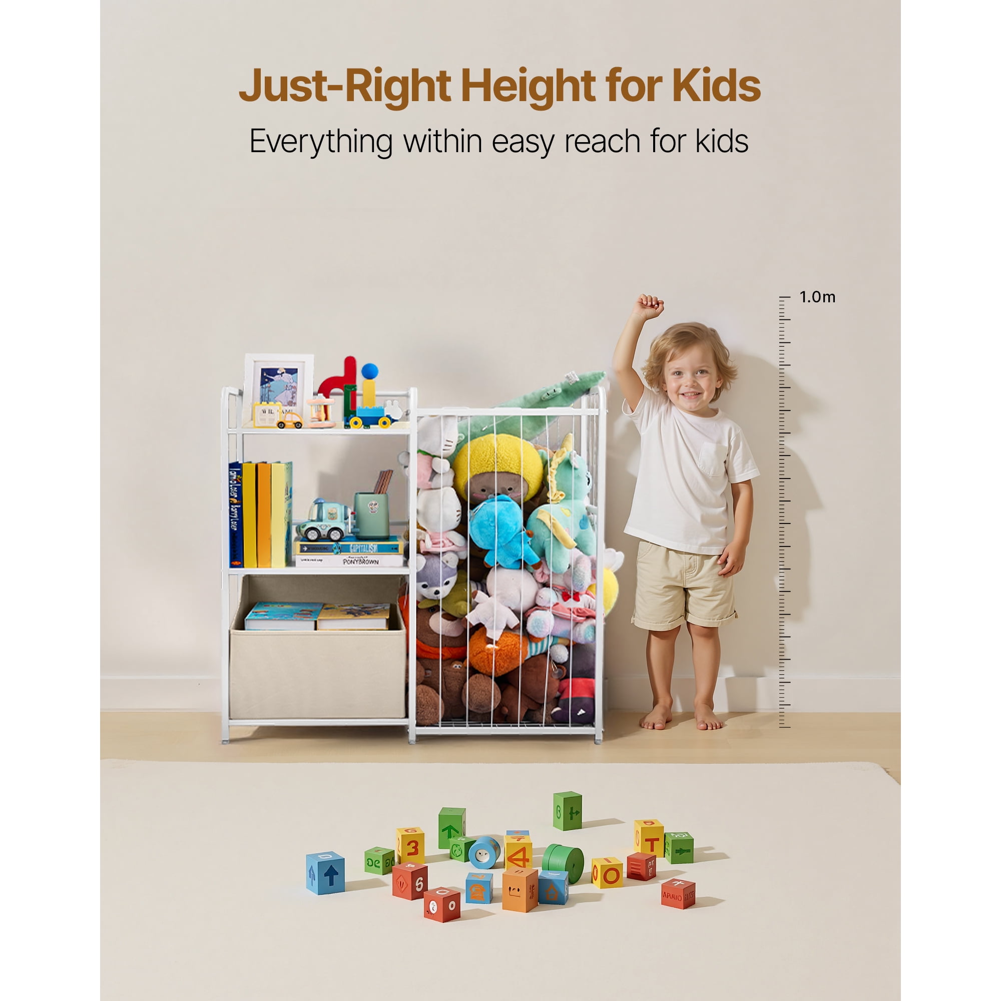 KFFKFF Kids Bookshelf and Toy Organizer, 2-Tier Storage Shelf with Fabric Bin, Ideal for Books, Toys, and More in Kids' Rooms, Living Rooms, Entryways, Nurseries, and Preschools, White