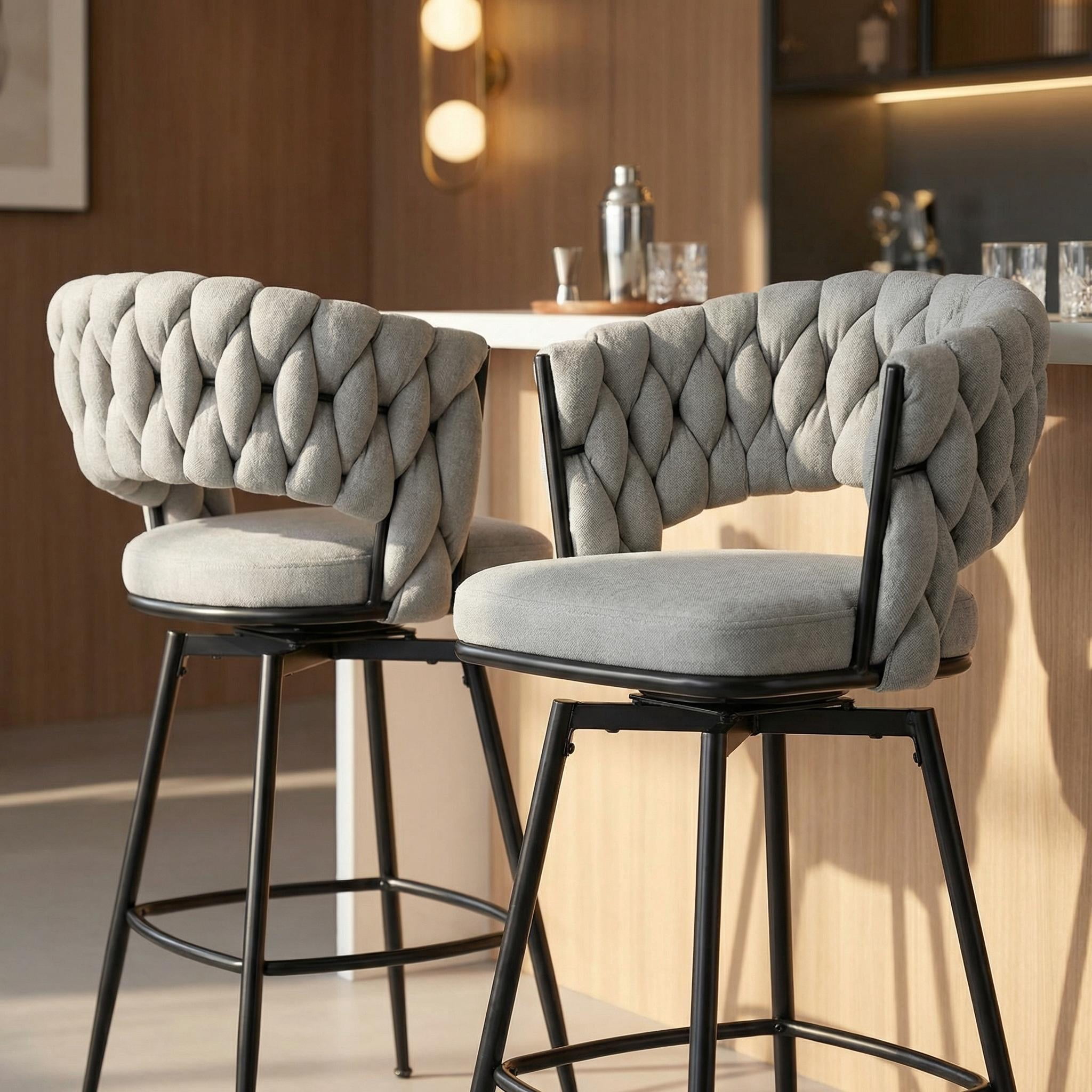 28" Counter Height Set of 2 Grey Linen Swivel Bar Stools with Woven Back and Footrest & Black Legs