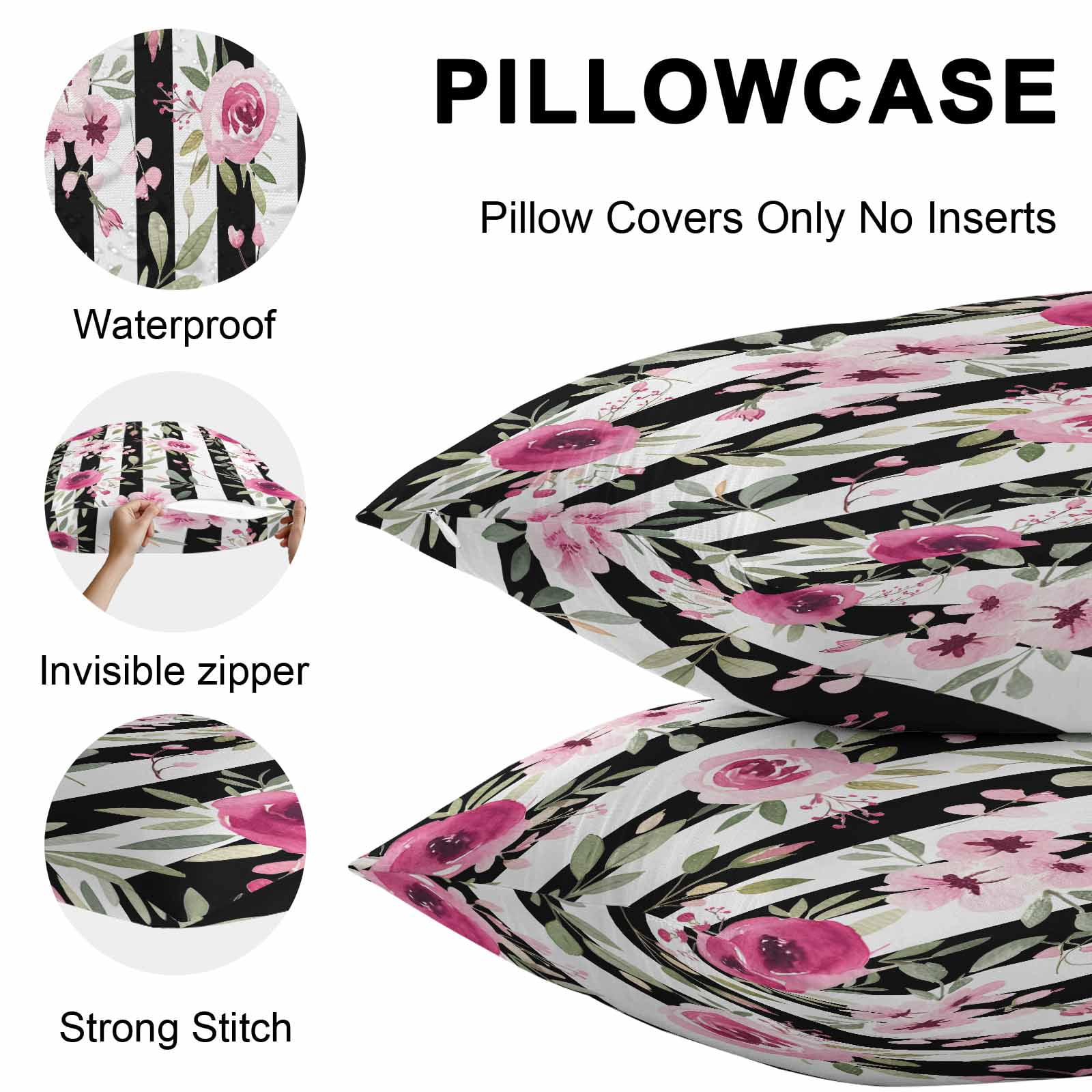 Outdoor Waterproof Throw Pillow Covers Set of 2 Pink Flowers Decorative Pillowcases Square Outdoor Pillows Cushion Case 18x18 Inch Floral Leaves Black Stripes Patio Pillows for Couch Sofa Bed Garden