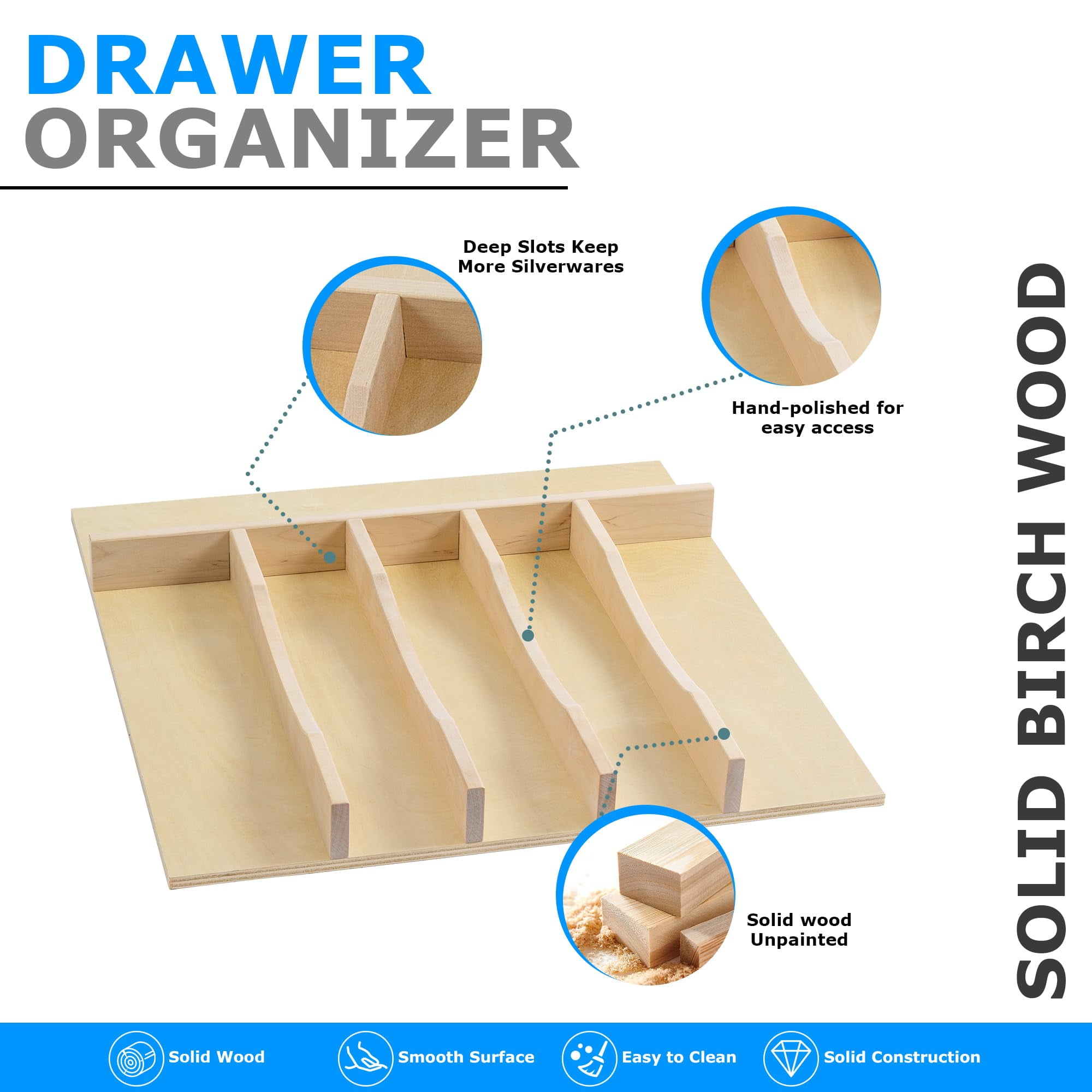 6 Slot 20"x19" Silverware/Flatware Drawer Organizer Tray with Divider, Utensil Drawer Organizer, Cutlery Tray Organizer, Tool Drawer/Junk Drawer Organizer (Natural Wood)