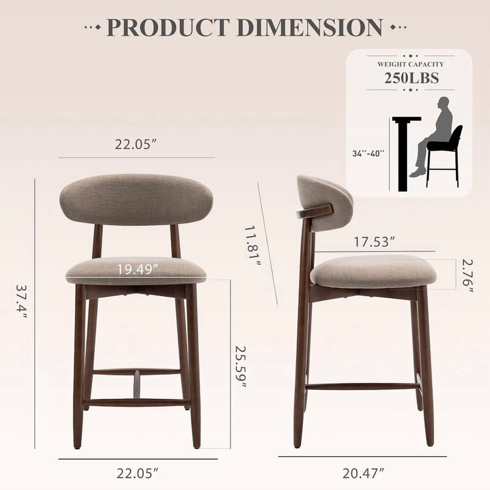 COLAMY Upholstered Counter Height Bar Stools Set of 2, Kitchen Island Stools with Back, Suitable for 34"-41" Table, Modern Counter Chairs with Wood Legs for Dining Room, Camel
