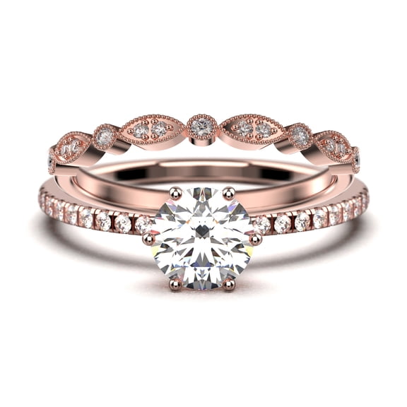 Beautiful Art Deco 1.75 Carat Round Cut Diamond Moissanite Engagement Ring, Wedding Ring, One Matching Band in 925 Sterling Silver With 18k Rose Gold Plating Gift For Her, Promise Ring