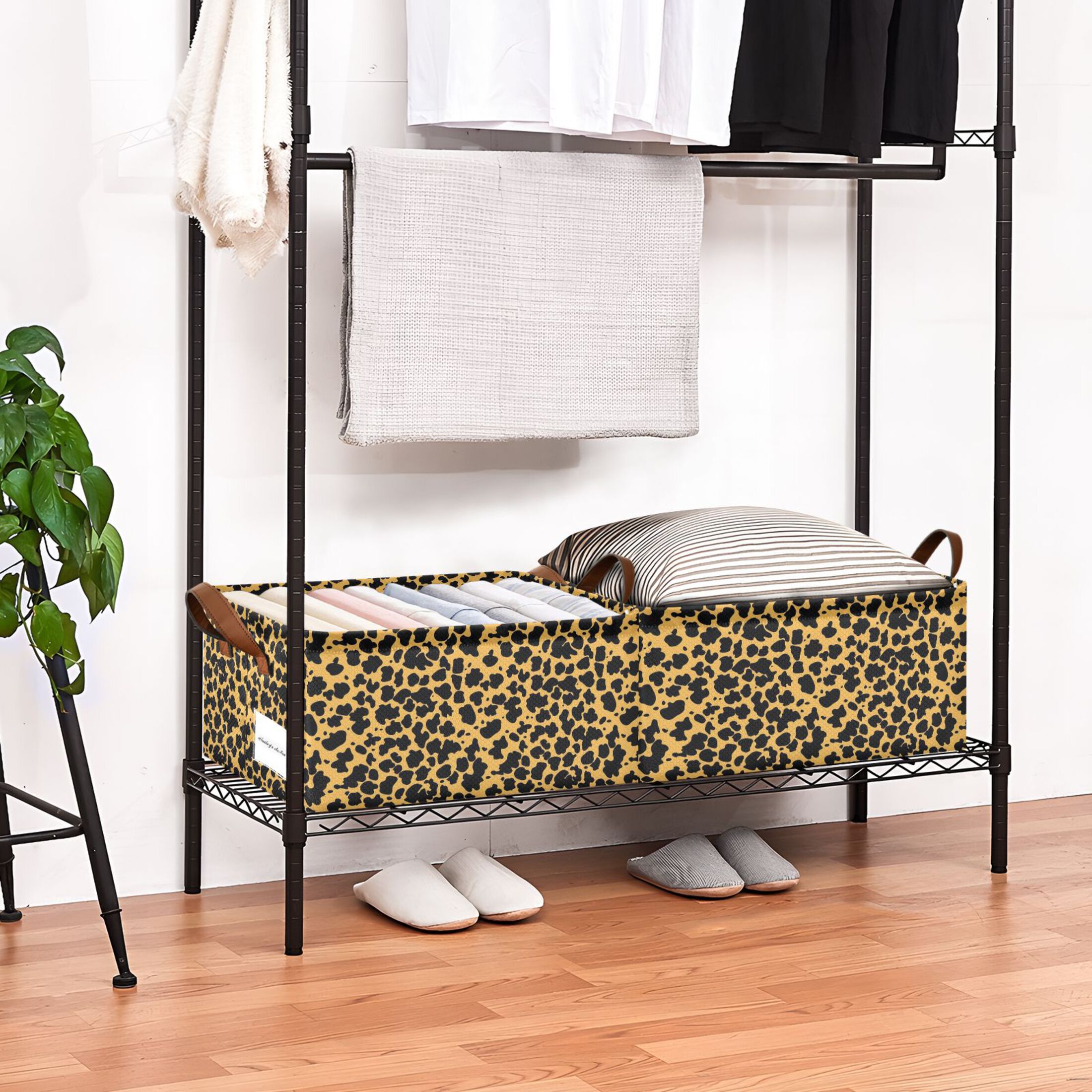 Black Leopard Print Collapsible Storage Bins Fabric Shelf Baskets with Handles 16.9"x11.4"x7.7" Closet Organizer