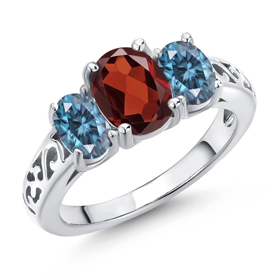 Gem Stone King 925 Sterling Silver Red Garnet and Persian Blue Moissanite Filigree Style 3 Stone Ring for Women (2.40 Cttw, Oval 8X6MM and 6X4MM) (Size 7)