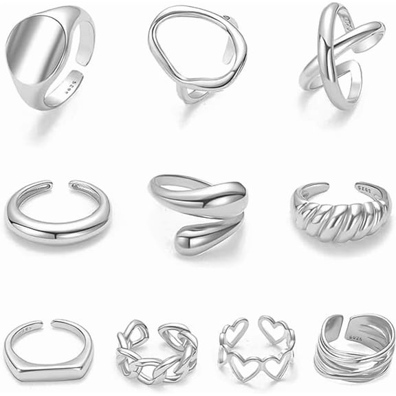 10PCS Gold Dome Chunky Rings for Women 18K Gold Plated Braided Twisted Round Signet Rings Adjustable Open Ring Band Statement Jewelry