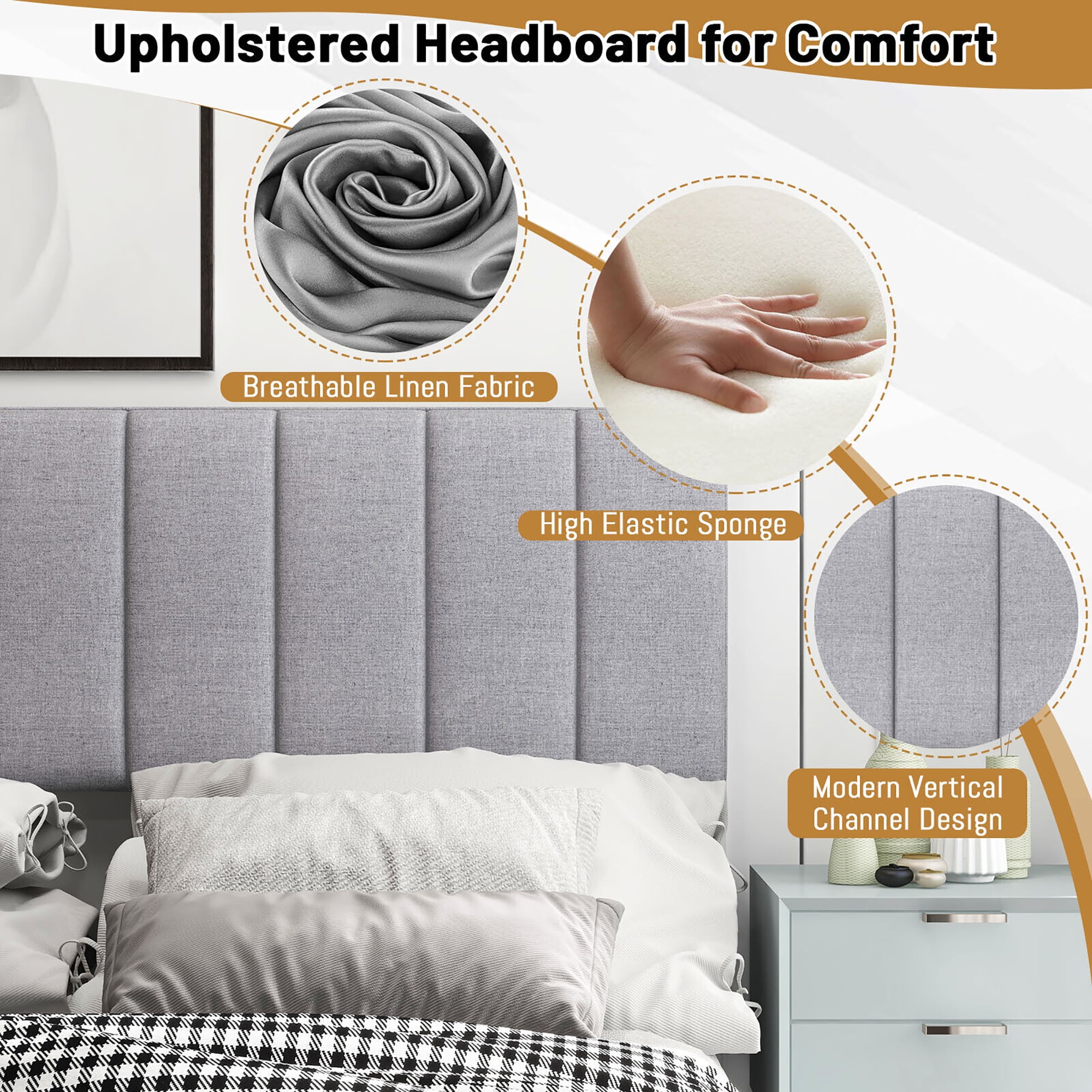 Gymax Linen Upholstered Headboard Vertical Channel Tufted Wood Leg for Full/Queen Gray