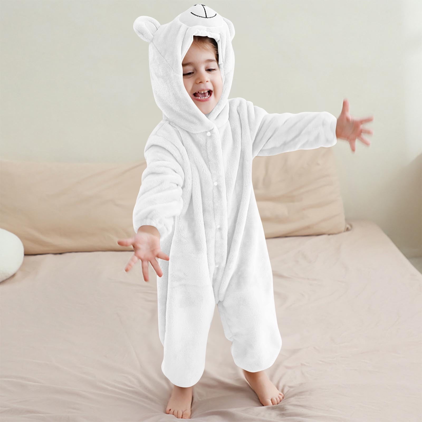 Paiwinds Girls' Fleece Hooded Jumpsuit Pajamas for Toddler & Kids (3M-6Y) Winter Warm Bear Costume One-Piece Sleepwear with Buttons, Soft Long Sleeve Romper for Home & Holiday