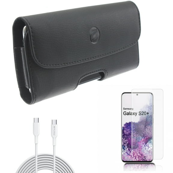 6ft Long Type-C Cable w Screen Protector w Case Belt Clip for Samsung Galaxy S20 Plus - PD Fast Charger Cord Power Wire, Tempered Glass [Fingerprint Unlock] 3D Curved Edge fits Galaxy S20 Plus