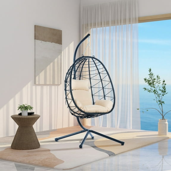 Beige Rattan Metal Egg Chair with Stand Indoor Outdoor Swing Patio Wicker Hanging Basket Hammock Chair with Cushion American Design Rust Resistant Frame Water Resistant 37.4Lx37.4Wx77H 350LBS Load