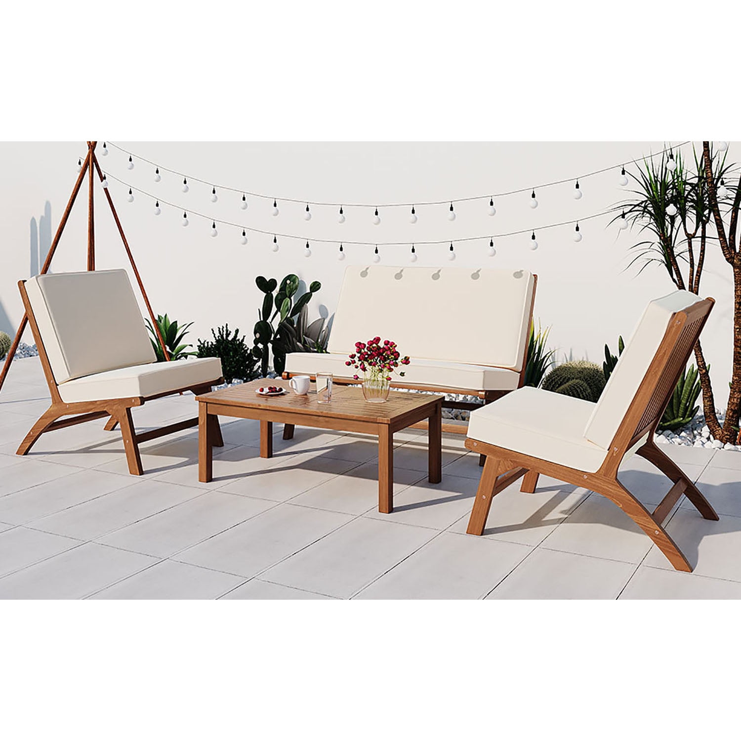 Kadyn 4-Piece V-shaped Seats Set, 2 Single Chairs,1 Rectangular Table,Double Chair, Acacia Wood Outdoor Sofa for Garden, Beige