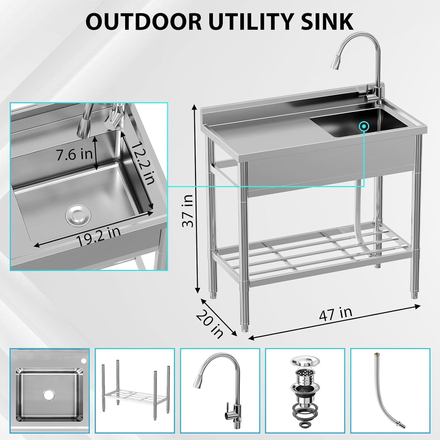 Garvee Rectangular Free Standing Single Bowl Kitchen Sink,Stainless Steel Utility Sink Workbench Storage Shelf & Hot/Cold Stainless Faucet Commercial Sink Backyard Garden Laundry 47"x40"x20"