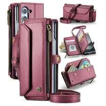 for Samsung Galaxy Z Fold 6 Rugged Case, Classic PU Leather Shoulder Strap Wrist Strap Zipper Pocket RFID Blocking Wireless Charging Kickstand Case Cover for Samsung Galaxy Z Fold 6, Winered