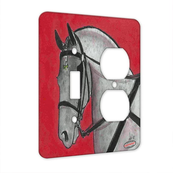 KuzmarK™ 2 Gang Single Toggle / Single Duplex Wall Plate - Gray Percheron Draft Horse in Harness Horse Art by Denise Every