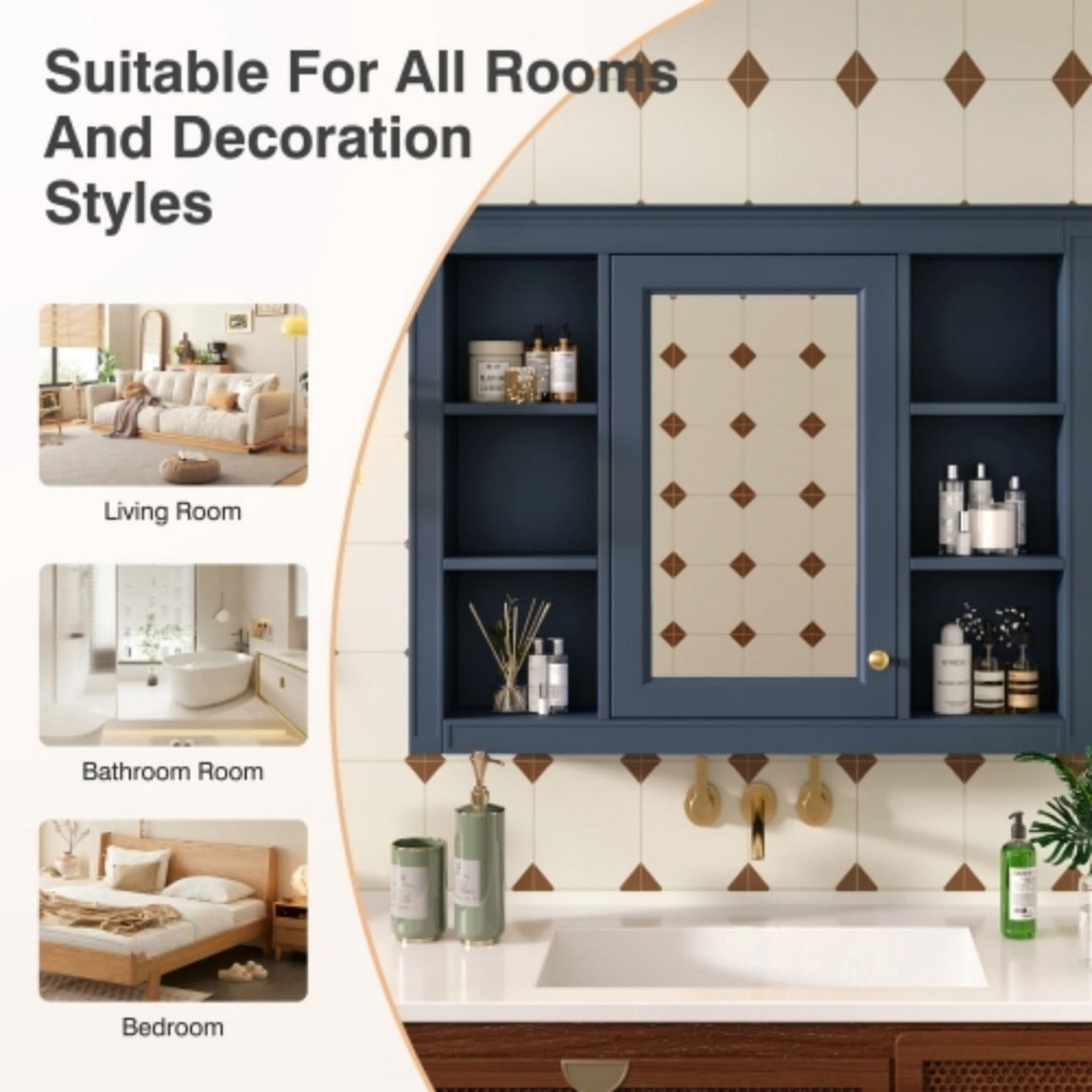 35"x 28" Wall Mounted Bathroom Medicine Cabinet with Mirror, Bathroom Storage Cabinet with 6 Open Shelves, Adjustable Shelves & Towel Bar, Blue