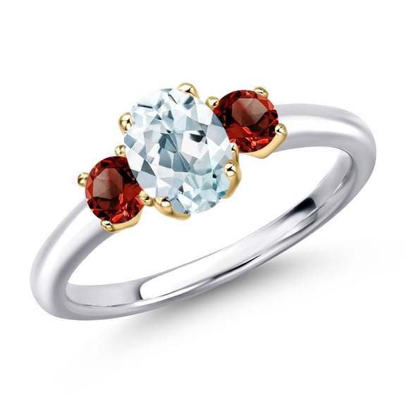 Gem Stone King 925 Silver and 10K Yellow Gold Sky Blue Aquamarine and Red Garnet Engagement Ring for Women | 1.15 Cttw | Oval 7X5MM | Gemstone March Birthstone | Size 6