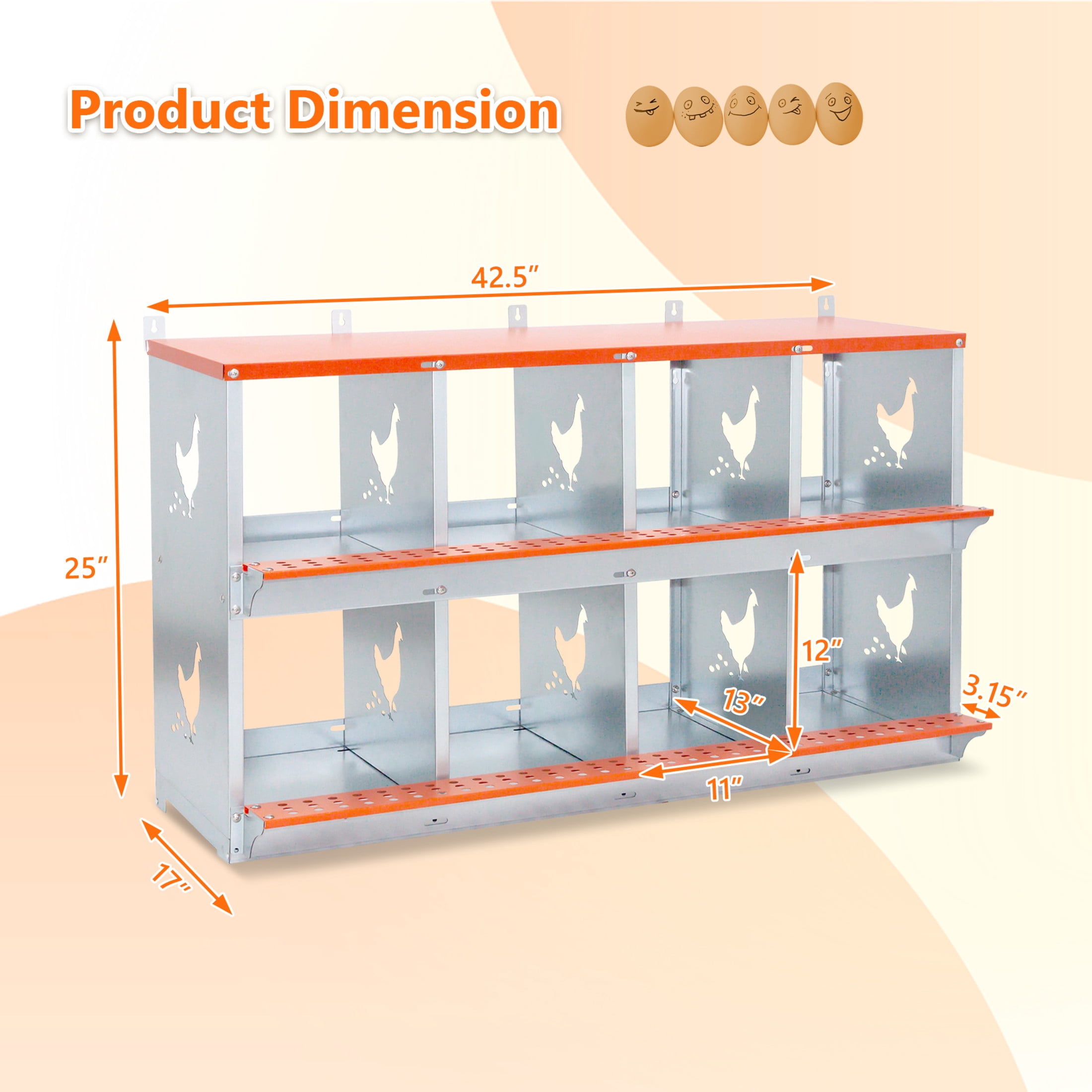 Noble House 8-Bay Wall-Mount Steel Nesting Box with Ventilation, Easy Egg Collection, for Chickens, Ducks, Orange