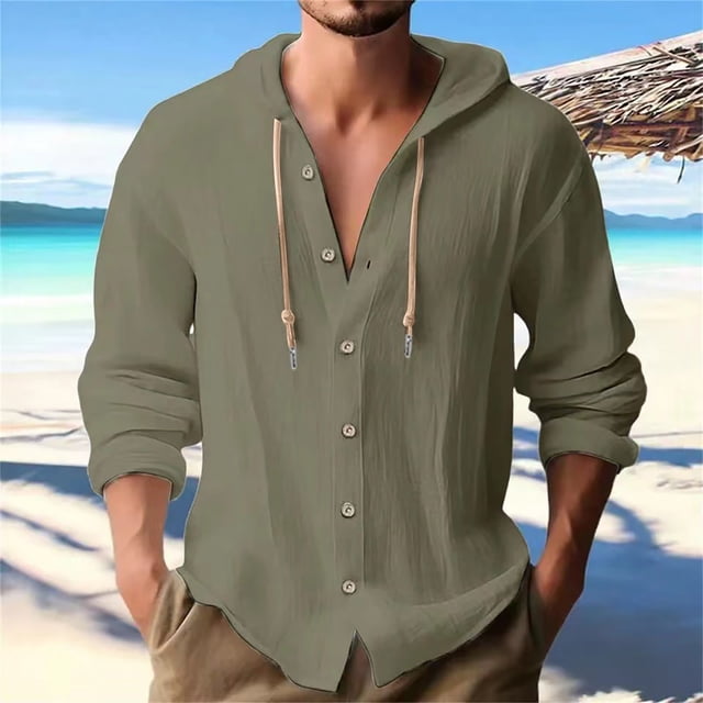Gspmoly T-Shirts pour Hommes, Mode Décontractée, Boutons Solides, Col Rond, Manches Longues avec Capuche, Blouse pour Sortir, Économies d'Été