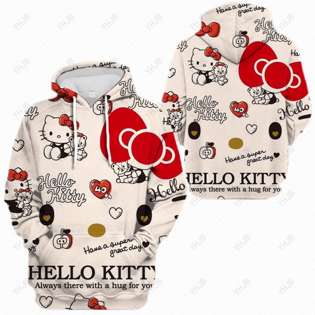Hello Kitty Sweat à Capuche Oversize Y2k pour Femmes Automne Hiver Chandail en Molleton Noir Imprimé Graphique Manches Longues Mode HOEMLIN