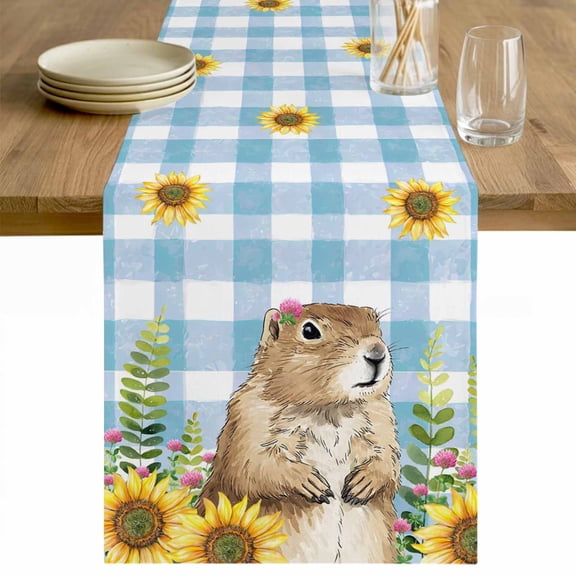 Groundhog Day Table Runner - 90 Inch Long Blue Plaid Sunflower Spring Floral Cotton and Linen Blended Dress Scarves Farmhouse Table Runner for Kitchen Dining, Coffee Table, 13" x 90"