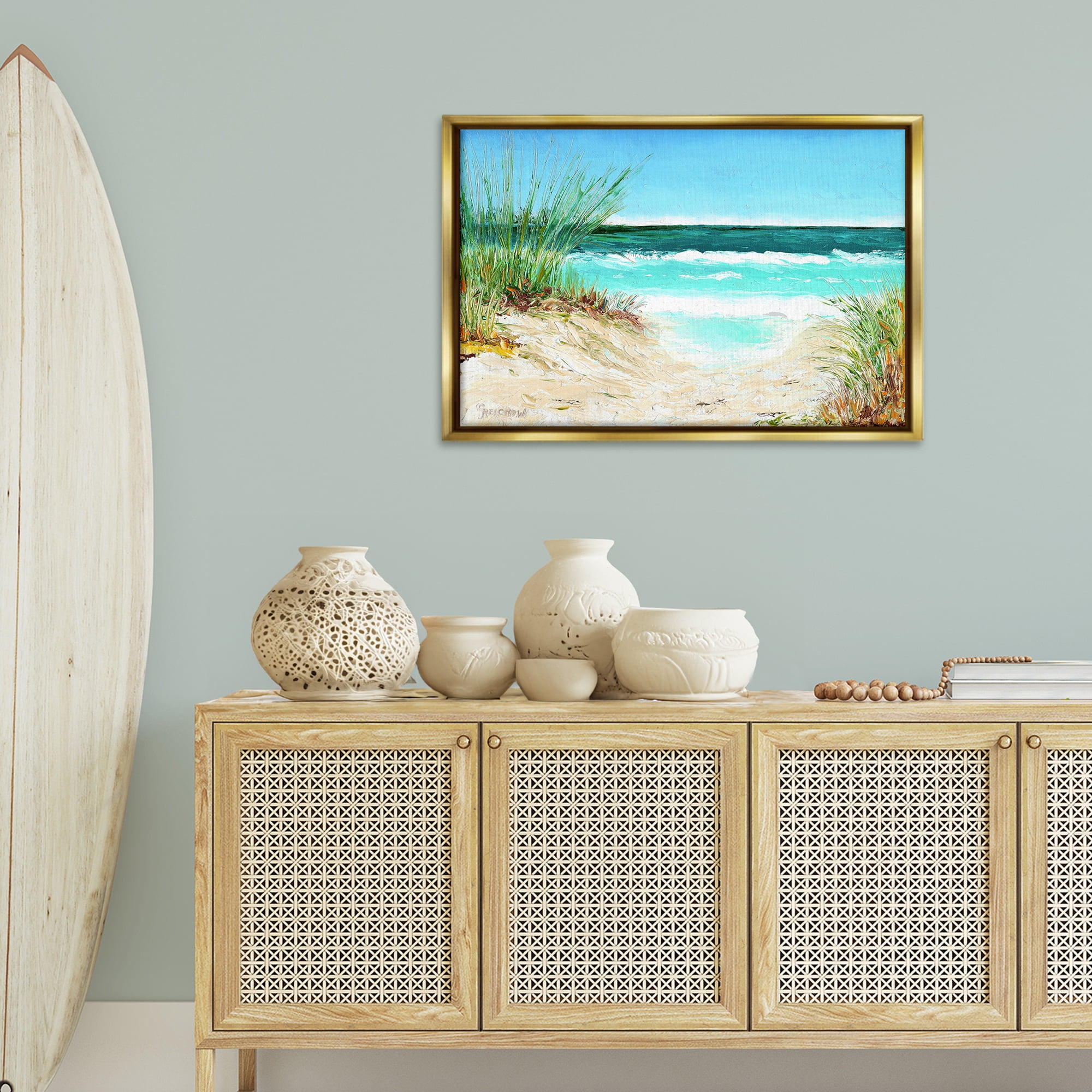 Stupell Industries Tropical Beach View Landscape & Nature Painting Gold Floater Framed Canvas Art Print Wall Art, 31 x 21